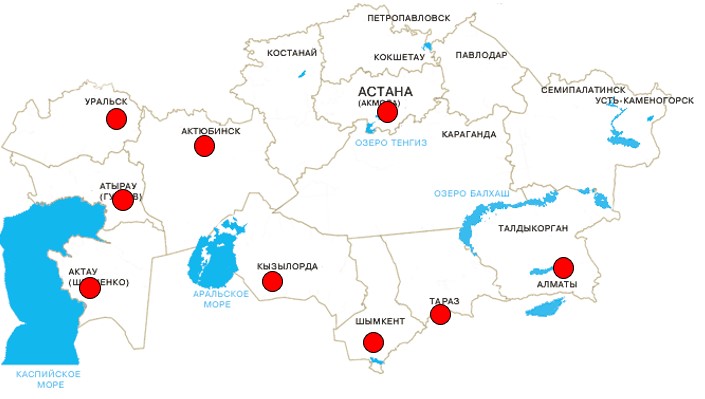 Карта Республики Казахстан с регионами реализованных проектов Caspian Energy Research